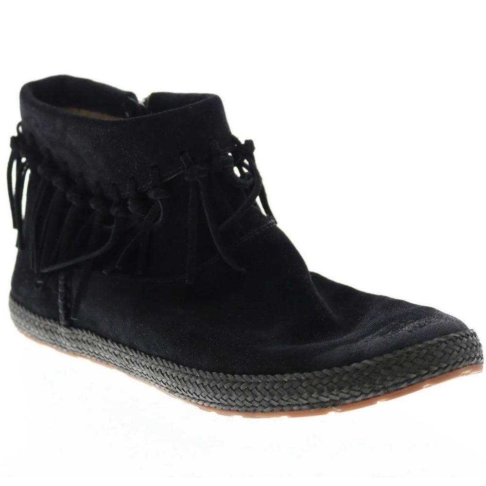 UGG Size 7.5 Shenendoah Fringe Ankle Boots Black Suede Leather Warm Women's